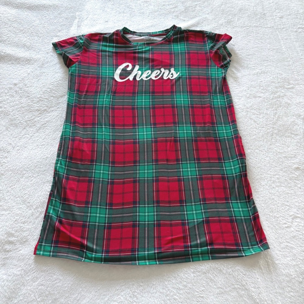 JoySpun‎ Womens Red Green Plaid Cheers Holiday Sleep Dress Nightgown Pockets S/M